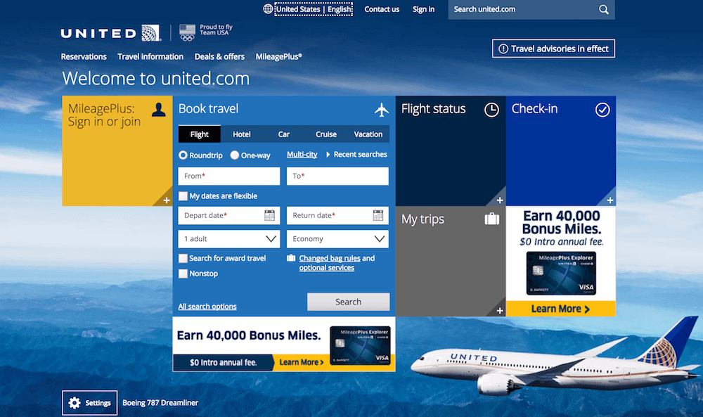 Screenshot showing United Airlines' website homepage