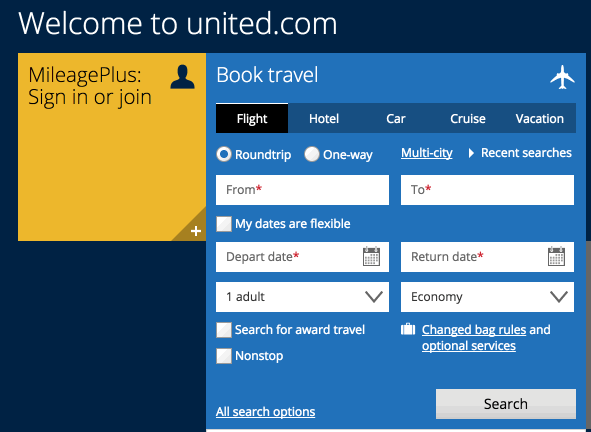 Gif showing how the "Book Travel" section on United Airlines behaves